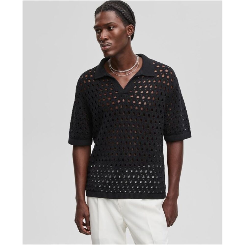 Mode Of One Mens Johnny-Collar Open-Stitch Short-Sleeve Polo Sweater, NWT